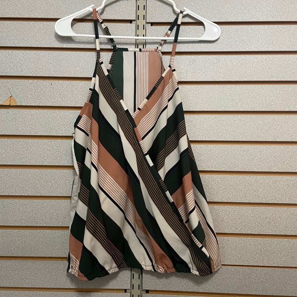 Womens XL Striped Wrap V Neck Cami Tank Top Green Peach White - Picture 1 of 5